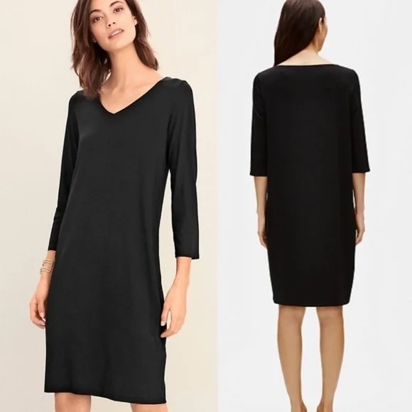 Eileen Fisher NWOT V-Neck A-Line Viscose Knit Dress Women's S Black $178 - Picture 2 of 12